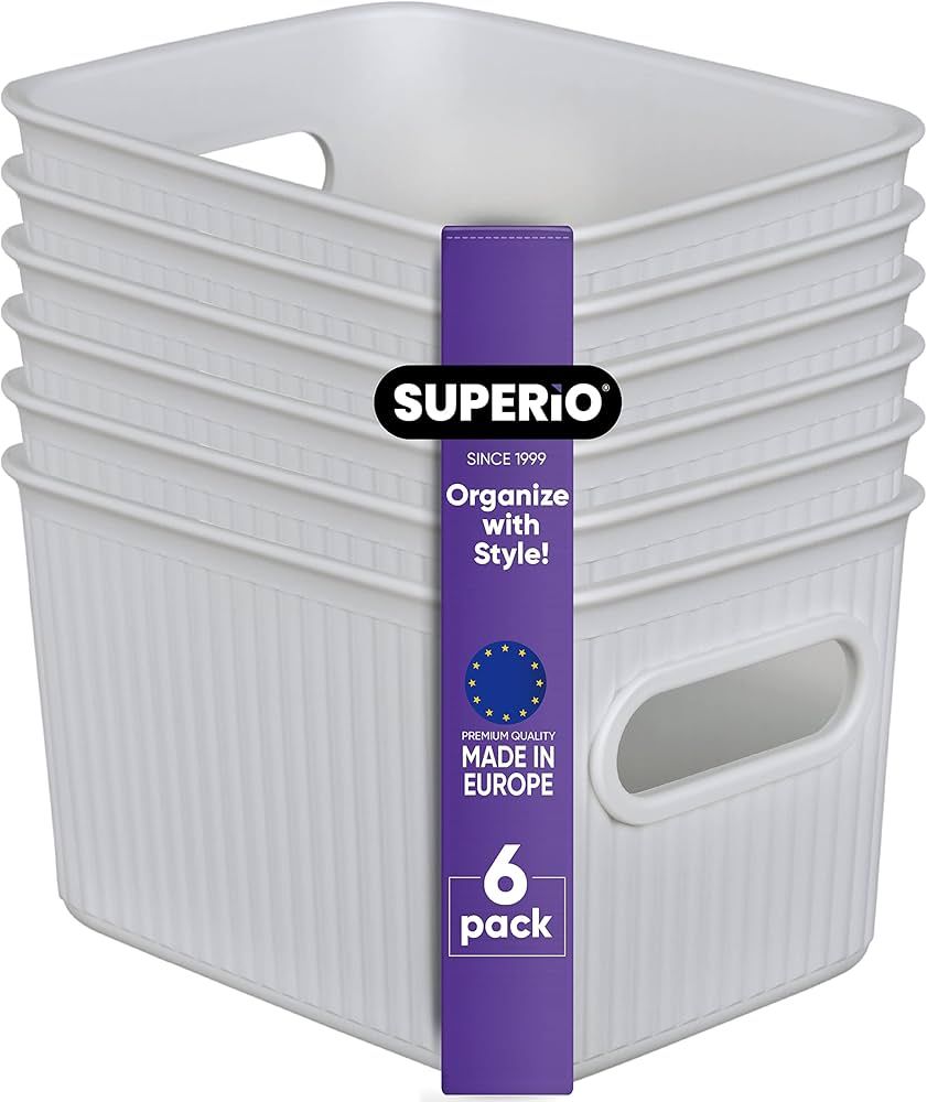 Superio Ribbed Collection - Decorative Plastic Open Home Storage Bins Organizer Baskets, Small Wh... | Amazon (US)