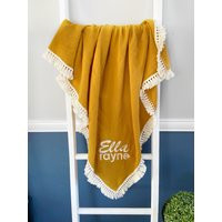 Mustard Baby Blanket, Muslin Blanket Boho Custom Embroidered Shower Gift Tassel Swaddle | Etsy (US)