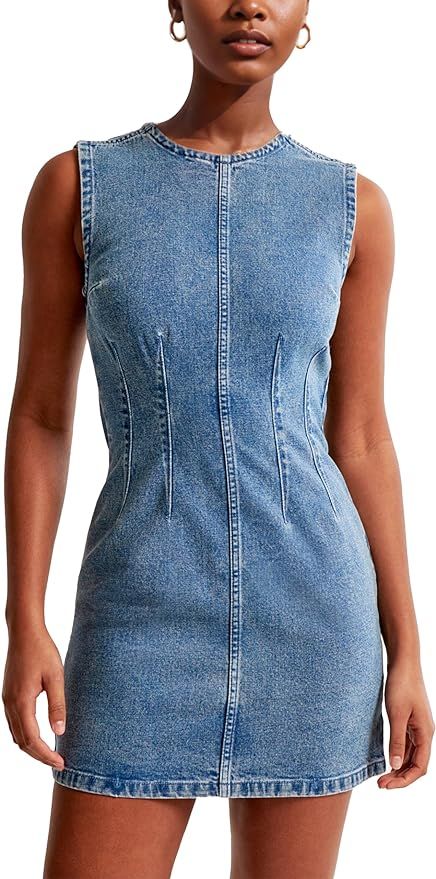 Daacee Women’s Sleeveless Bodycon Denim Mini Dress Casual Waist Tucks Tank Jean Dresses | Amazon (US)