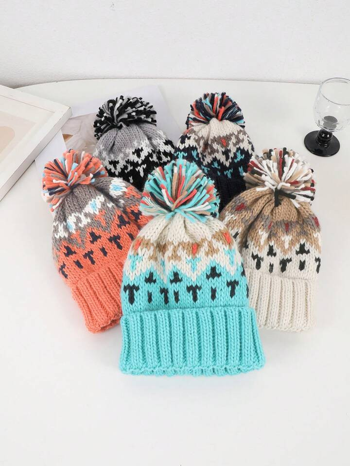 1pc Women's Colorful Pom Pom Thick Ear Protection Warm Fashionable Knitted Beanie Hat, Japanese S... | SHEIN