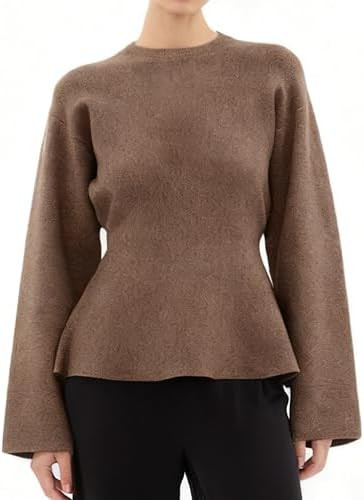 Women's Peplum Hem Sweater Long Sleeve Self Tie Belted Loose Crew Neck Knit Pullover Jumper | Amazon (US)