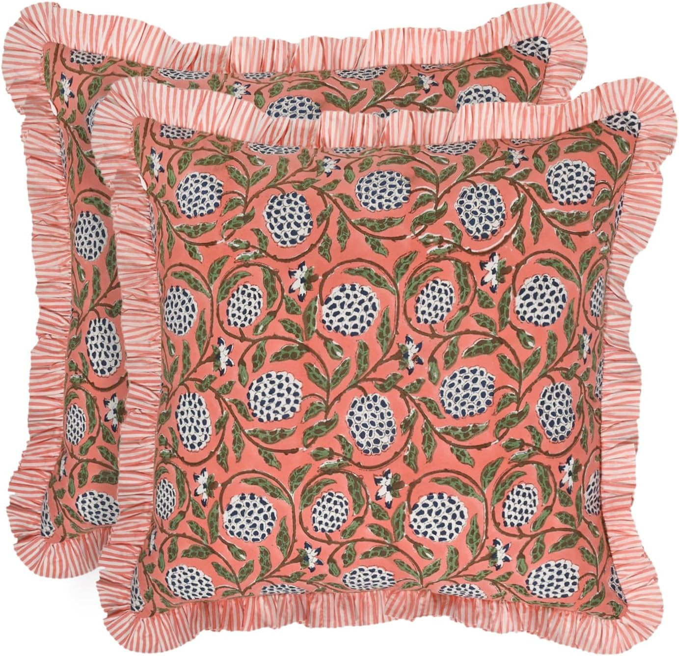 Ridhi Block Print Dark Salmon Pink Throw Pillow Cover 18" x 18" (Pack of 2) Decorative Cushion Covers with Ruffle for Couch, Sofa, Bed, Living Room, Home Decor Gift for Spring, Mother's Day | Amazon (US)
