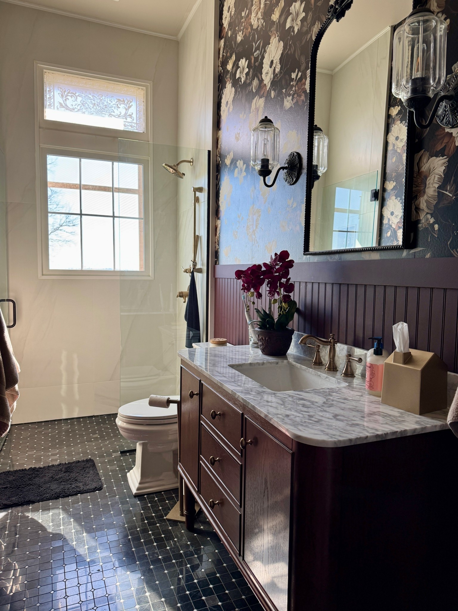 Love this bathroom. It used to be a total disaster before the renovation - think indoor/outdoor green grass floor! 🤢 we get to take advantage of the 12’ ceilings and the morning light  

#LTKOver40 #LTKHome