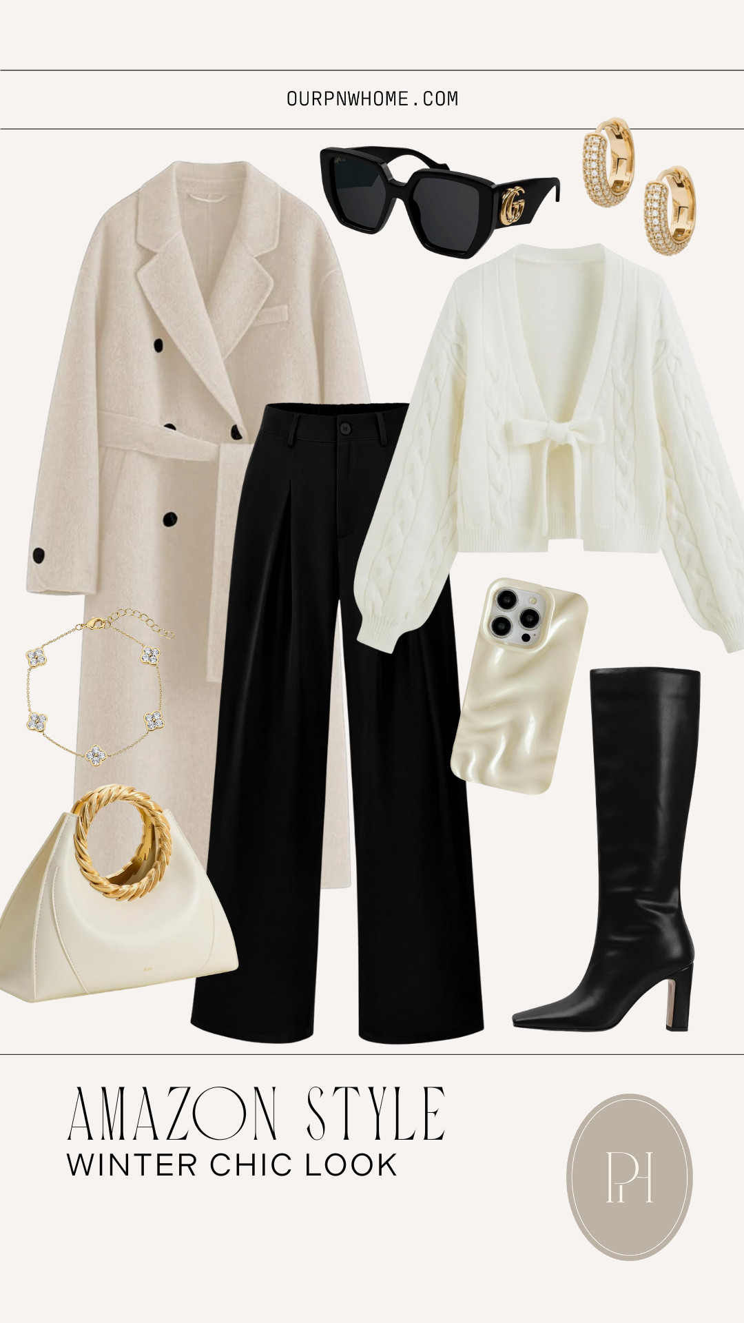 Amazon style finds for a chic winter look!

black trousers, black pants, bow front sweater, bow cardigan, white sweater, cardigan sweater, cream coat, ivory coat, white trench coat, winter dress coat, designer sunglasses, gold earrings, rhinestone earrings, hoop earrings, white handbag, cell phone case, white accessories, clover bracelet, gold bracelet, knee high boots, black boots, winter fashion, winter style, winter looks, winter outfit, black and white look, black and white fashion 

 #LTKootd #LTKSeasonal #LTKWorkwear