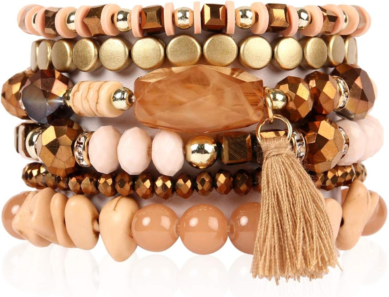 RIAH FASHION Coin Bead Multi Layer Versatile Statement Bracelets - Stackable Beaded Strand Stretc... | Amazon (US)
