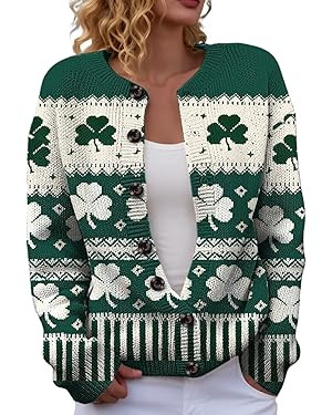 St Patricks Day Sweater Women Shamrock Irish Knit Cardigan Sweaters Long Sleeve Plus Size Casual ... | Amazon (US)