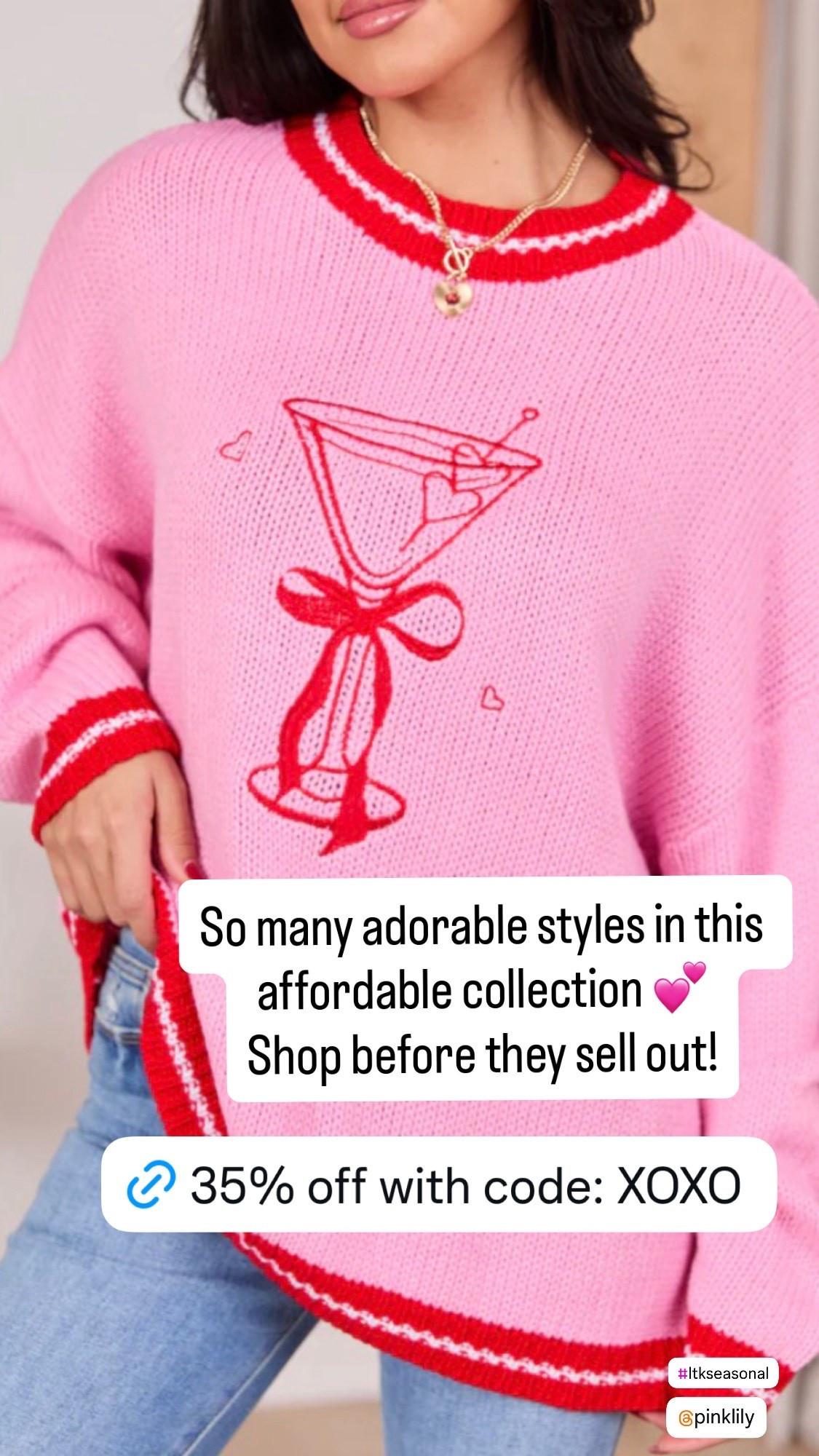 Valentine’s Day styles are here 💕
This adorable knit is part of a just-dropped Valentine’s collection with so many cute, affordable pieces. Perfect for Galentine’s, date night, or just adding a little love to your everyday look 💘
Linked my favorites — don’t wait, these will go fast!

Use code:XOXO for a 35% discount 

Valentine’s Day sweater
Valentine’s Day outfit
Pink sweater
Heart sweater
Martini sweater
Cute Valentine outfit
Affordable Valentine’s Day clothes
Galentine’s Day outfit
Casual Valentine look
Winter to spring outfit
Pink knit sweater
Gift ideas for her

#ValentinesDayStyle
#ValentinesDayOutfit
#GalentinesDay
#PinkStyle
#CuteSweater
#AffordableFashion
#LTKStyle
#LTKFinds
#ShopMyLook
#HeartSweater
#ValentineVibes

