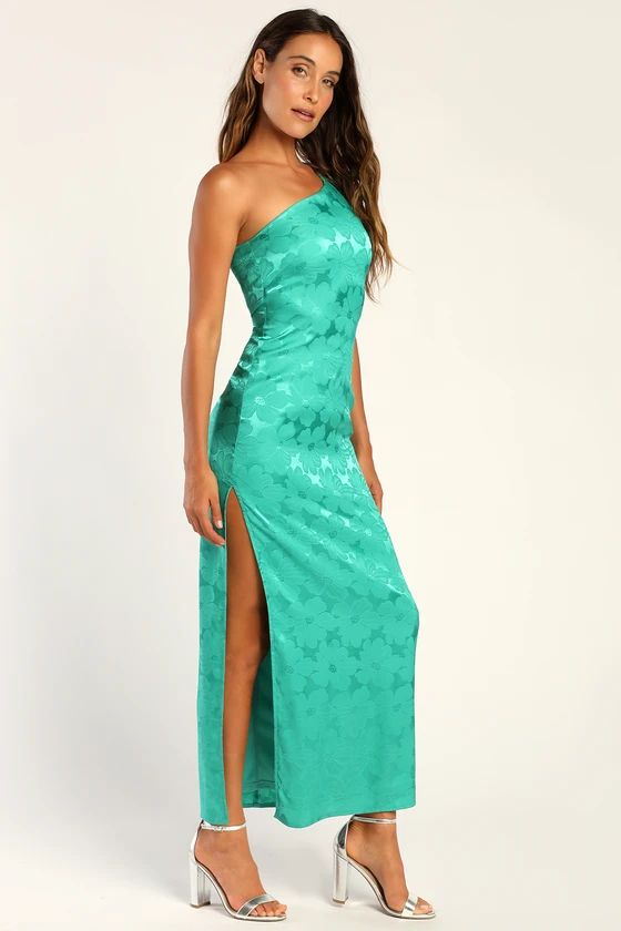 Chasing Desire Teal Green Satin Jacquard One-Shoulder Maxi Dress | Lulus (US)