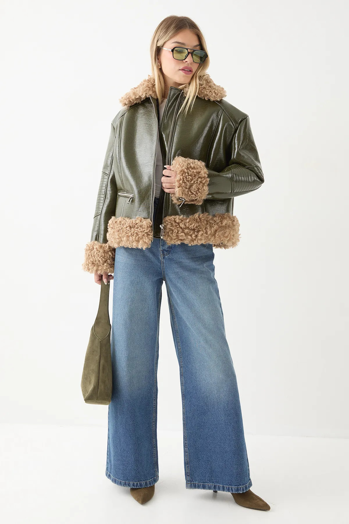 Premium Faux Fur Collar Vinyl Aviator Jacket | boohoo (US & Canada)