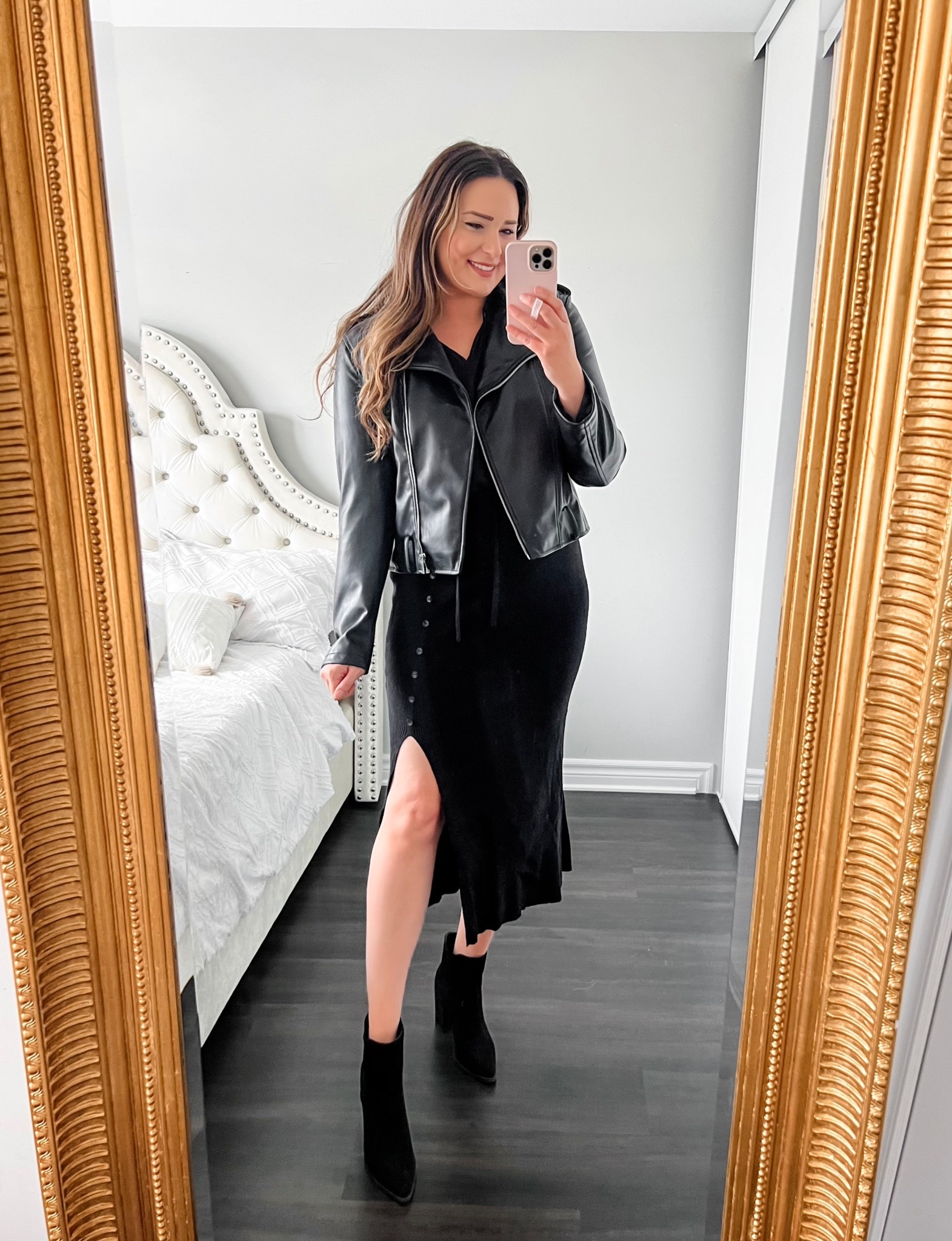 Seriously in LOVE with this skirt. It goes with everything! Faux leather jacket, midi black skirt and black ankle boots  

#LTKMidsize #LTKNYFW #LTKShoeCrush