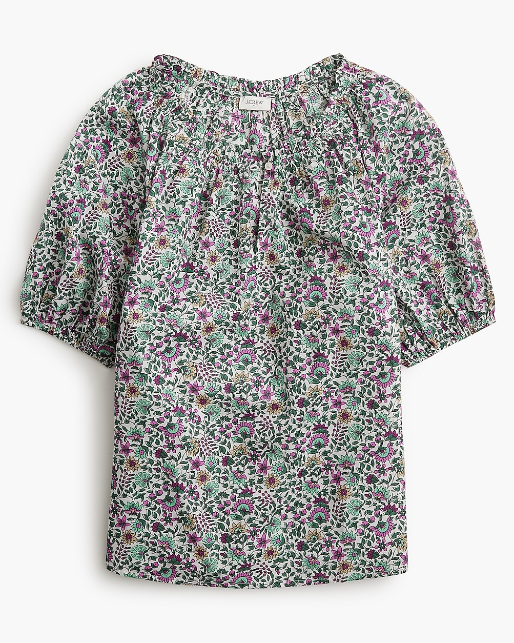 Printed puff-sleeve split-neck top | J.Crew Factory