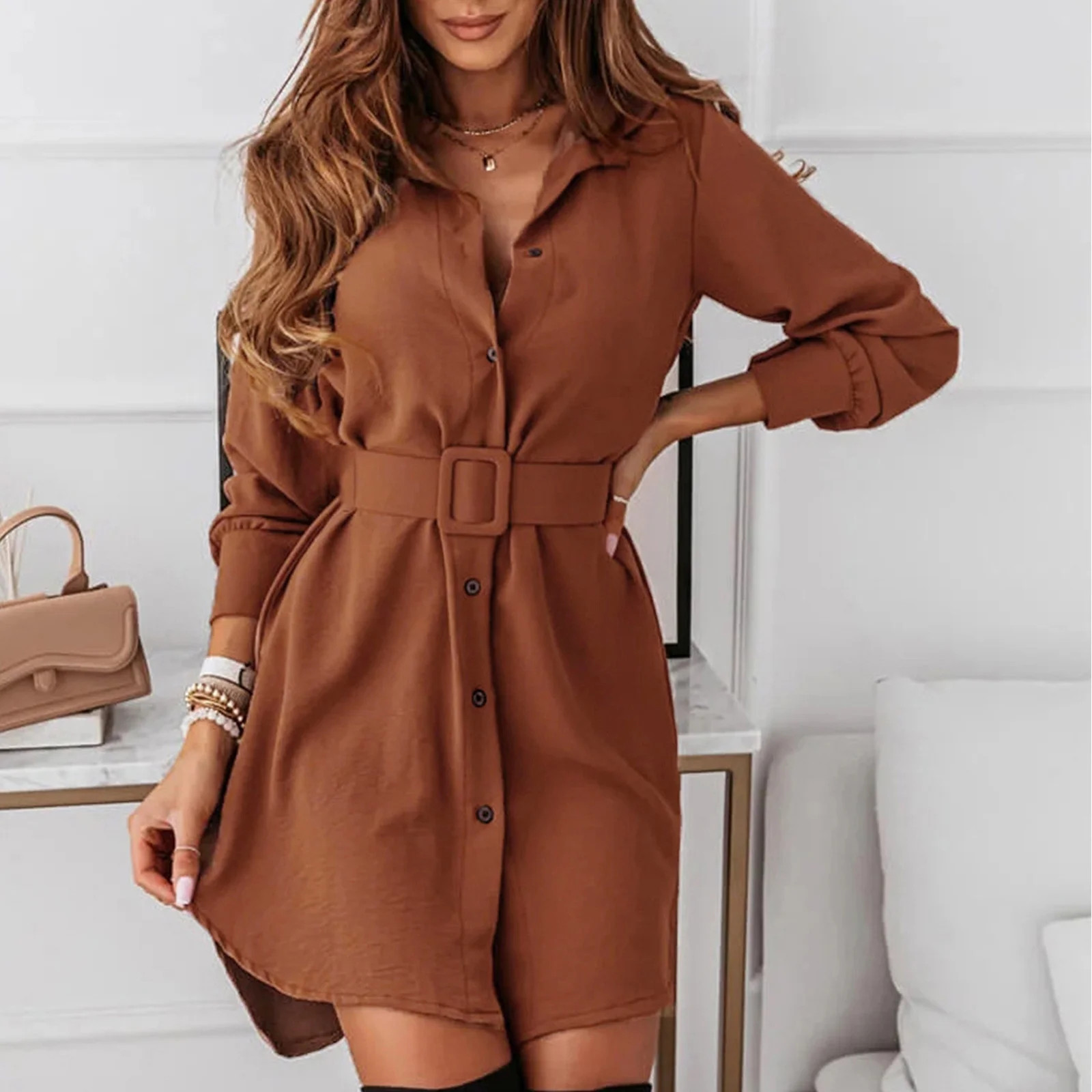 Winter Fall Dresses For Women Wedding Guest Long Sleeve Autumn Fashion Short Dress Lapel Slim Cas... | Walmart (US)