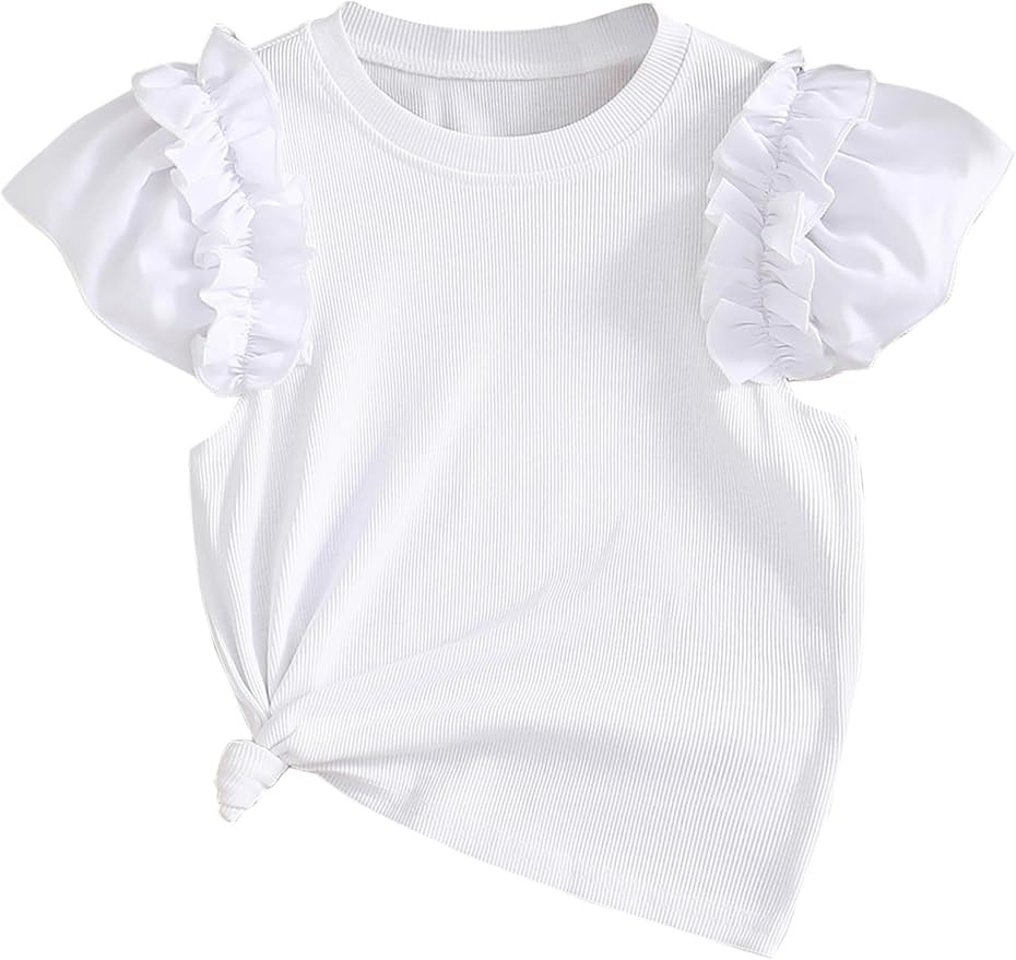 Girls' Ruffle Sleeve Shirts Ribbed Knit Cute Tops Crew Neck Summer T Shirts | Amazon (US)