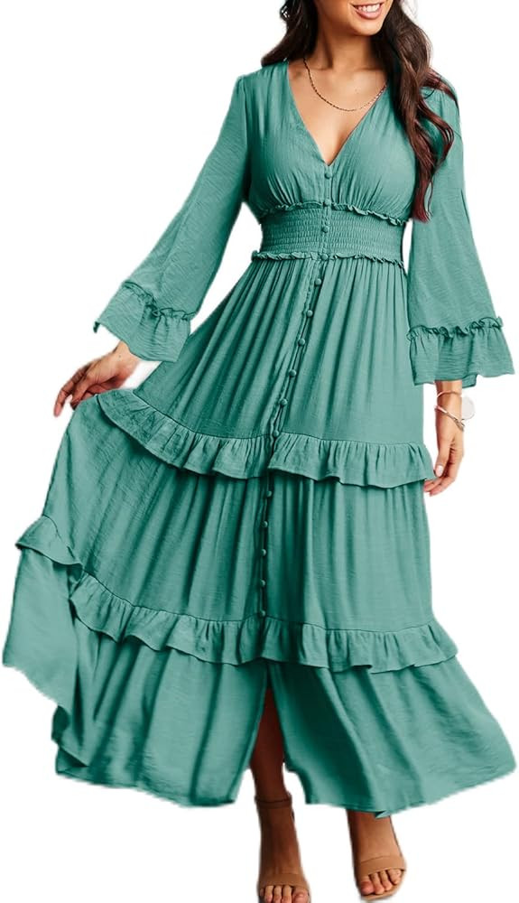 Amegoya Women's Boho V Neck Long Sleeve Wedding Guest Maxi Dress 2023 Summer Prom Long Flowy Dres... | Amazon (US)