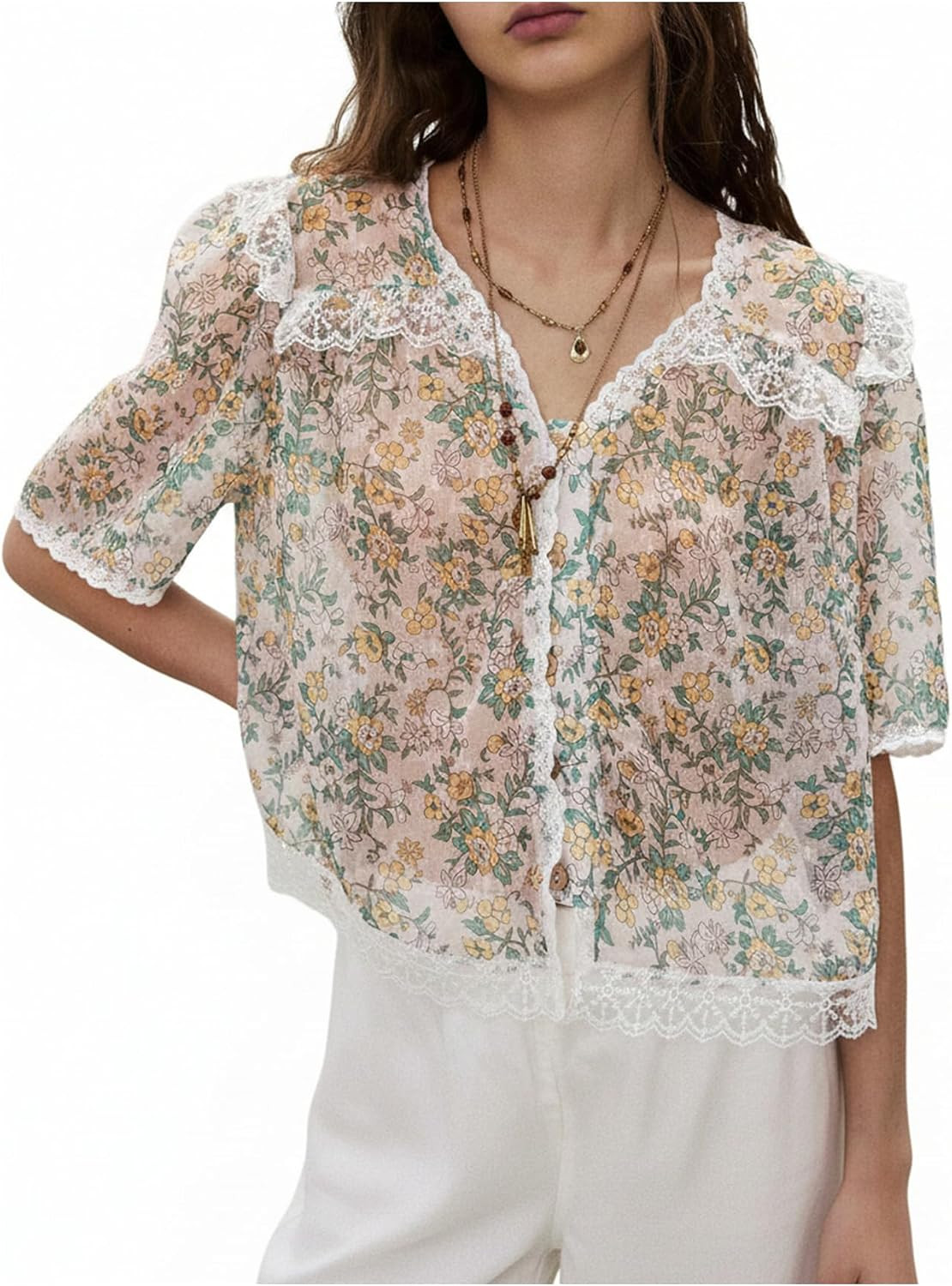 SweatyRocks Women's Boho Floral Sheer Lace Trim Button Down Ruffle Shirt | Amazon (US)