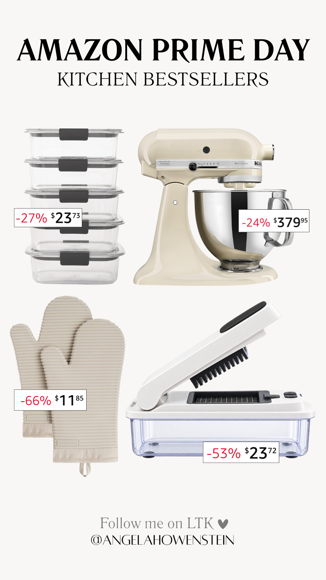 Amazon Prime Day kitchen bestsellers with BIG savings! These are the practical kitchen pieces I’d actually shop, from food storage and the KitchenAid Artisan mixer to oven mitts and a handy food chopper. Savings are up to 66% off, so these are worth grabbing while the deals are here!

👩‍💻 LTK PRO TIPS
❤️ Heart = Support my posts ;-)
🔖 Save = Get sale & restock alerts for the things you love!
📋 Lists = Keep favorites organized (List ideas: Christmas, Birthdays, and Vacations!)
📲 Share = Send lists and products to a friend (or your daughters like me).
💬 Comment = Ask me anything, and I’ll answer. ;-) 

 #LTKootd #LTKSeasonal #LTKOver40