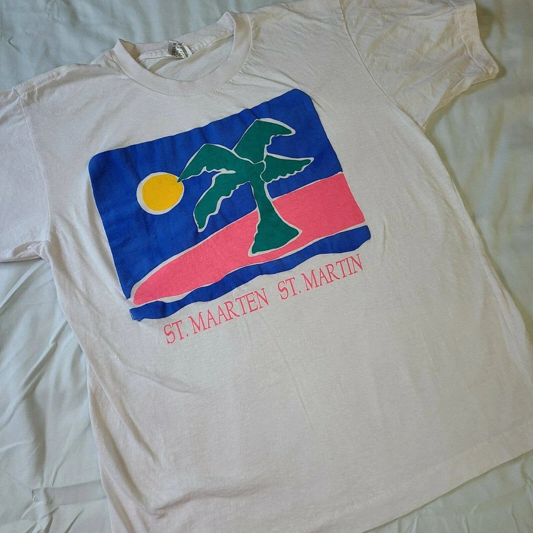 Vintage 90's St. Maarten Souvenir T-Shirt Bright Palm Tree Single Stitch Sz Lg | Etsy (US)