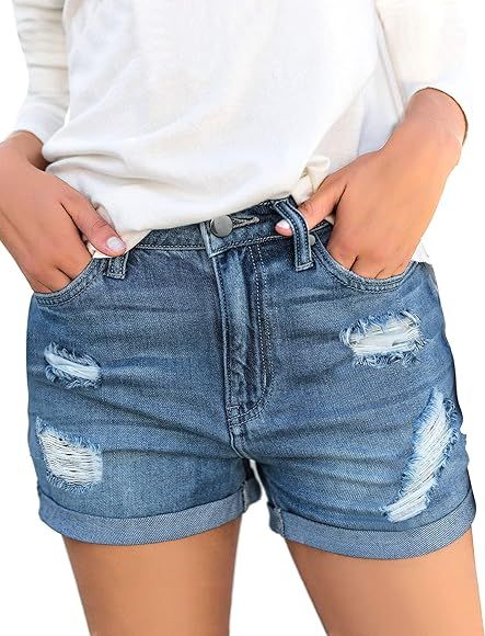 GRAPENT Women's High Waist Jean Short Casual Ripped Folded Hem Denim Jeans Shorts | Amazon (US)