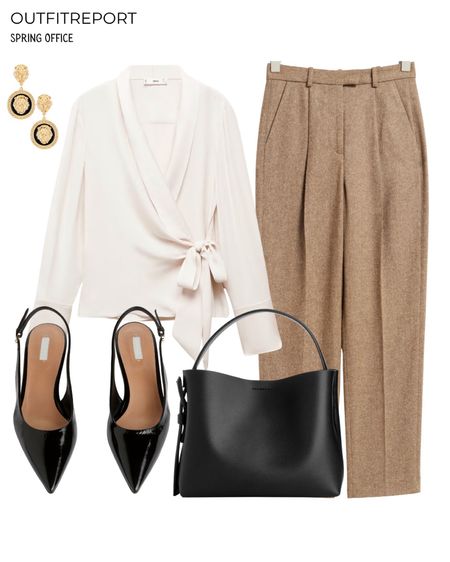 Trousers beige sling backs pumps black handbag white top 

#LTKstyletip #LTKshoecrush #LTKitbag