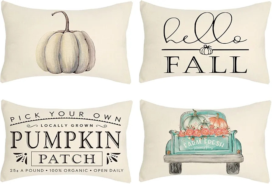 4TH Emotion Fall Decor Lumbar Pillow Covers 12x20 Set of 4 White Pumpkin Farmhouse Decorations Th... | Amazon (US)