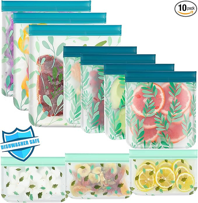 10 Pack Dishwasher Safe Reusable Bags Silicone, Leak proof Reusable Freezer Bags for Food Storage... | Amazon (US)