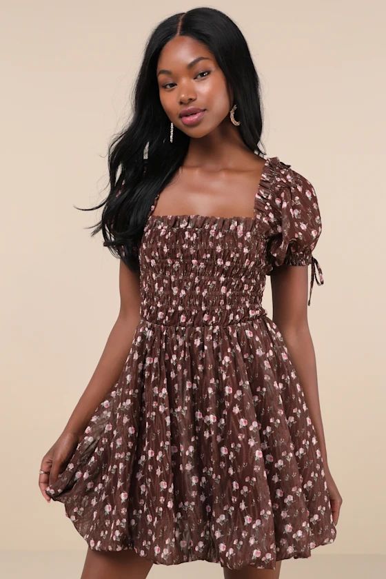 Brown Floral Smocked Puff Sleeve Mini Dress | Brown Mini Dress | Fall 2024 Dresses | Lulus