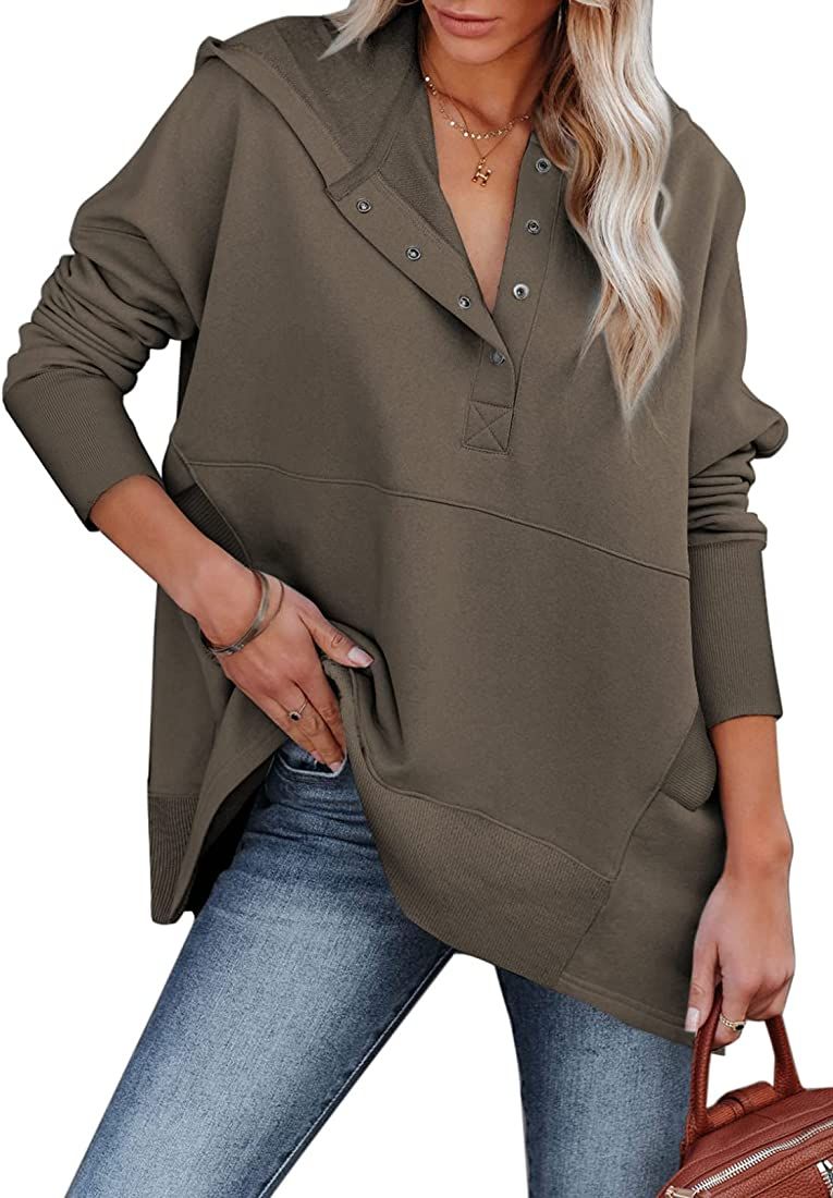 Women Casual Button V Neck Hoodies Oversized Pullover Top Pockets Free People lookalike  | Amazon (US)