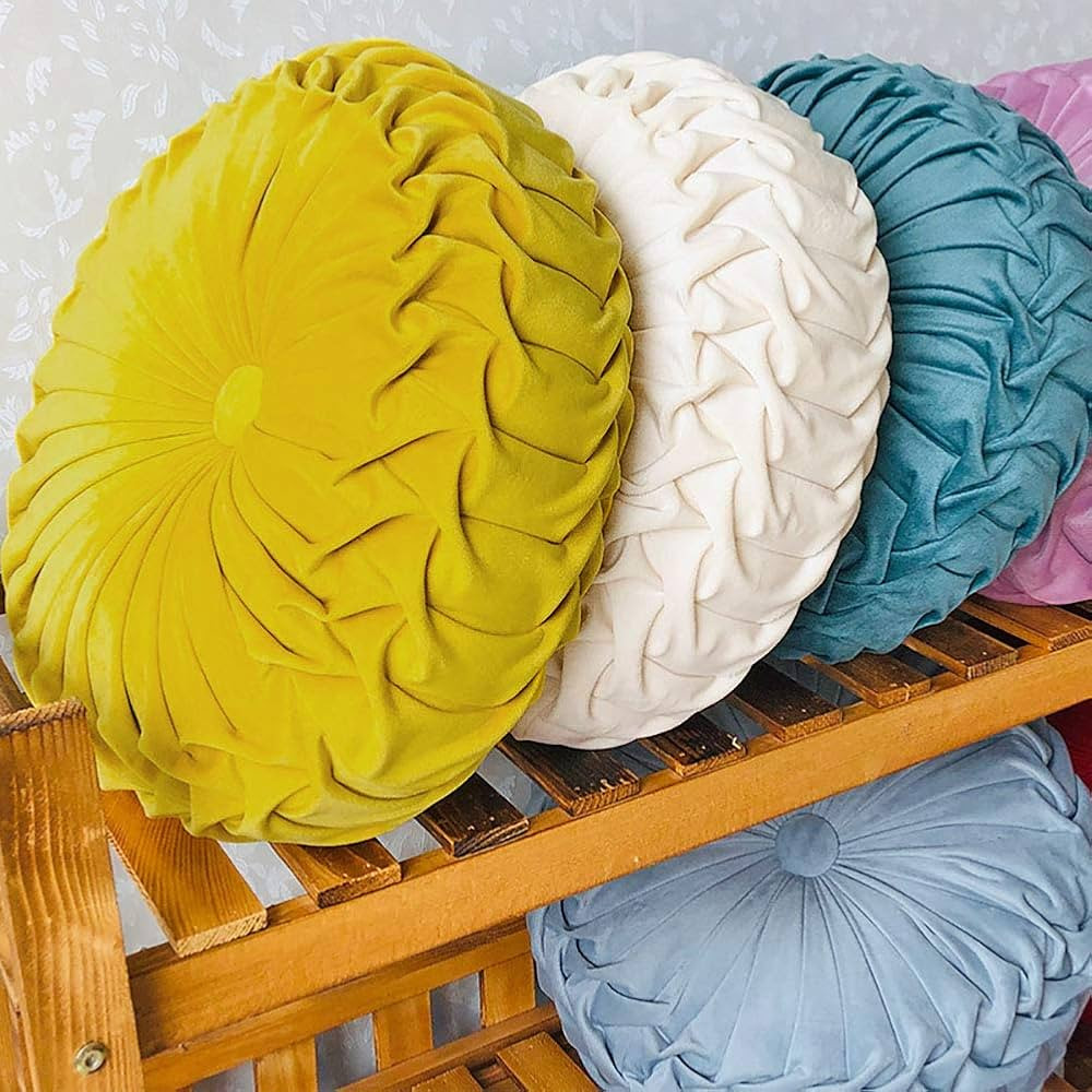 Round Throw Pillow Velvet Home Decoration Pleated Round Pillow Cushion for Couch Chair Bed Car Light Yellow | Amazon (US)