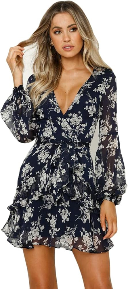 Women's Sexy Floral Dress Long Sleeve V Neck Ruffle Boho A line Mini Dress Party Beach | Amazon (US)