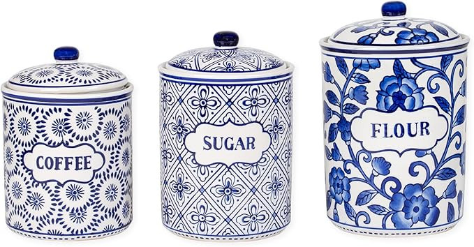 Drew Derose Blue White Patterned Ceramic 3 Pc Canister Set | Amazon (US)