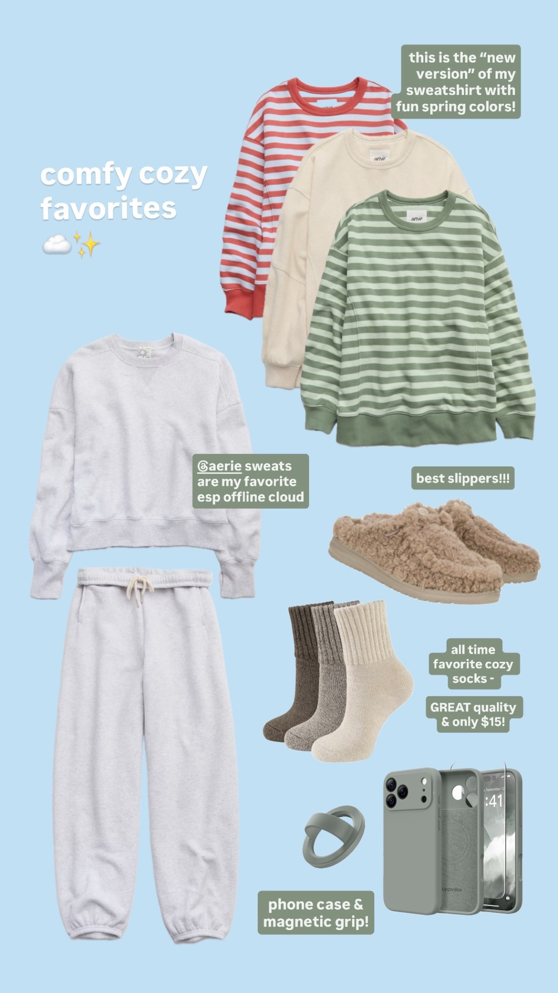 current comfy cozy go-to’s ☁️

aerie | heydudes | amazon finds | sweat sets | slippers | best phone casee

#LTKootd #LTKValentine #LTKTravel