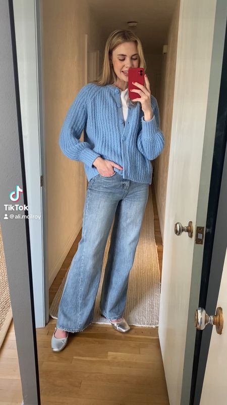 Sunday ootd! 
#cardigan #sweater #sezane #spring #color #blue #denim #wideleg #jeans #outfit #inspiration #ideas #easy #casual #elevated 

#LTKfindsunder100 #LTKSpringSale #LTKSeasonal