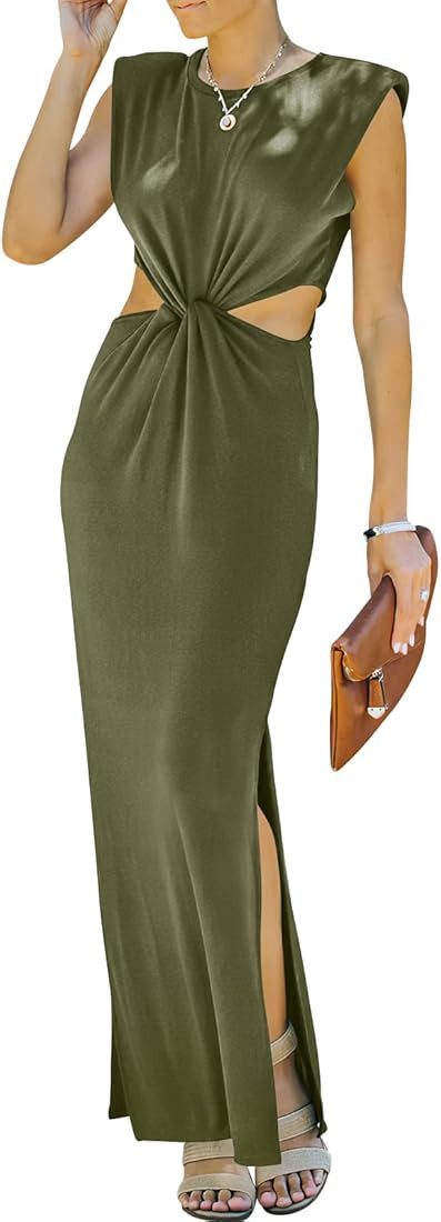ANRABESS Women Summer Sleeveless Padded Shoulder Sexy Cutout Waist Bodycon Formal Party Maxi Dress w | Amazon (US)