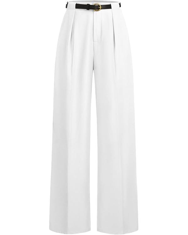 CIDER Mid Waist Solid Pocket Straight Leg Trousers with Belt | Amazon (US)