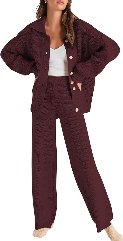 Cakulo Womens 2024 Lounge Sets 2 Piece Outfits Fall Button Sweater Matching Set Wide Leg Loungewe... | Amazon (US)