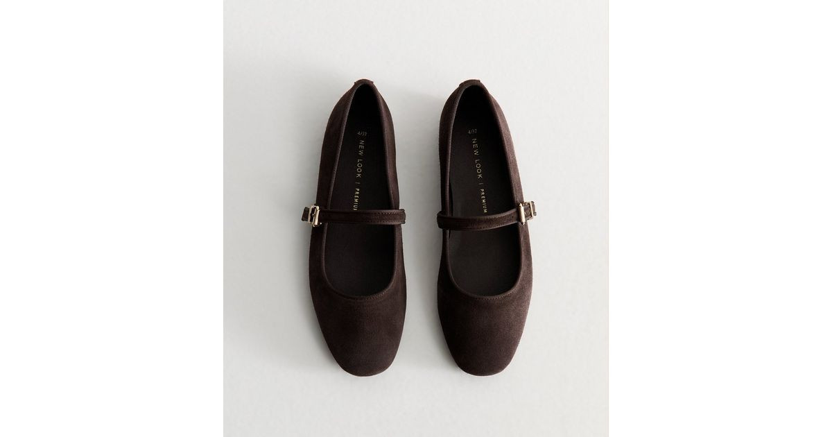 Women's Premium Dark Brown Real Suede Mary Jane Ballet Flats New Look | New Look (UK)