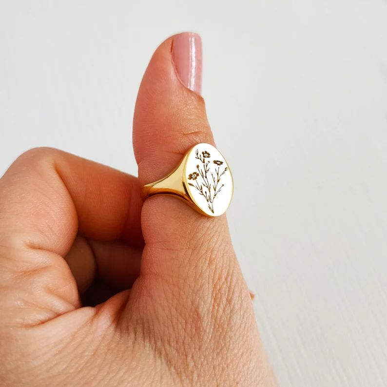Wildflower Ring Signet Ring Custom Engraved Ring Silver - Etsy | Etsy (US)
