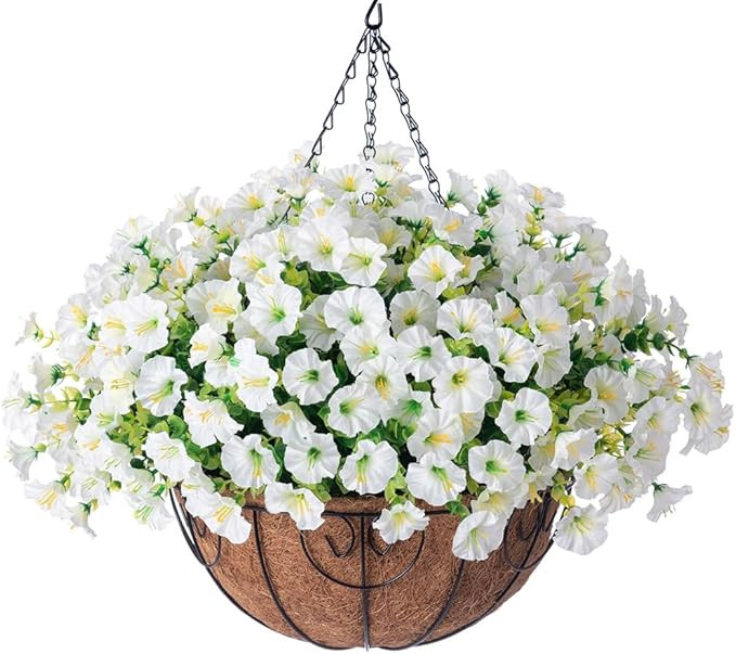 Artificial Fake Hanging Flowers Plants Baskets Spring Outdoor Decor, Outdoor Faux Silk White Morn... | Amazon (US)