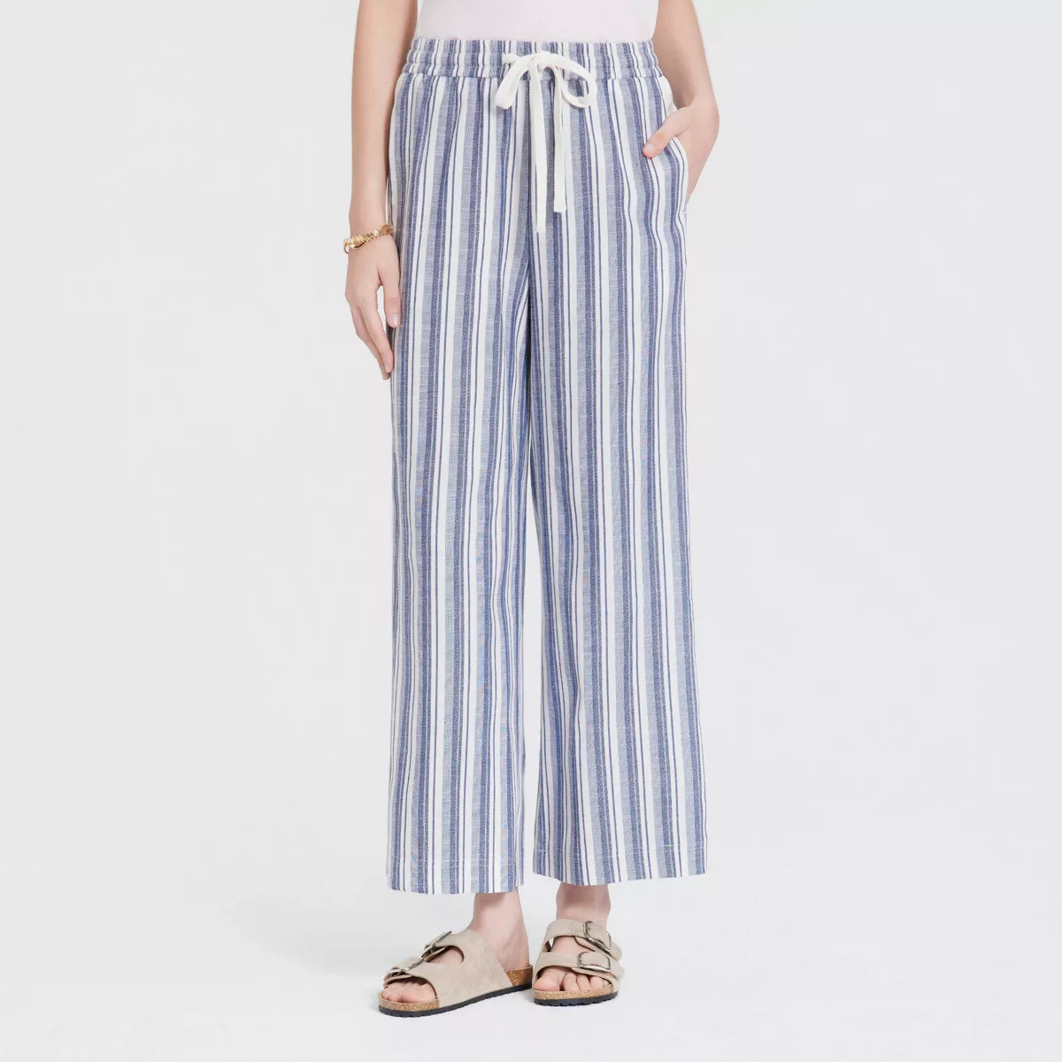 Women's Mid-Rise Elastic Waist Wide Leg Pants - Universal Thread™ Navy Blue/White Striped S | Target