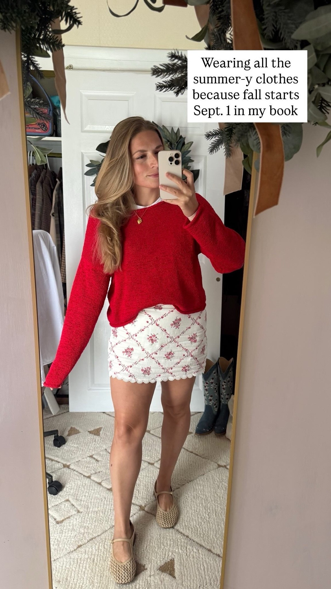 Red sweater, summer to fall, pre fall, locket, woven flats, ootd

#LTKxMadewell #LTKmomlife #LTKootd