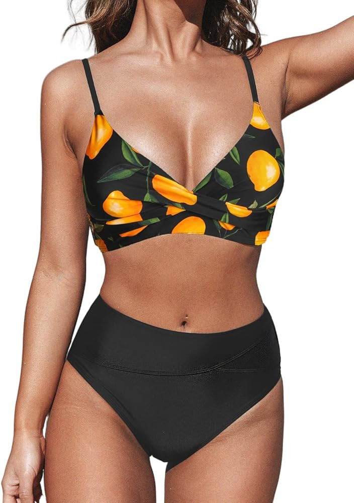 CUPSHE Women's Bikini Sets Two Piece Swimsuit High Waisted V Neck Twist Front Adjustable Spaghett... | Amazon (US)