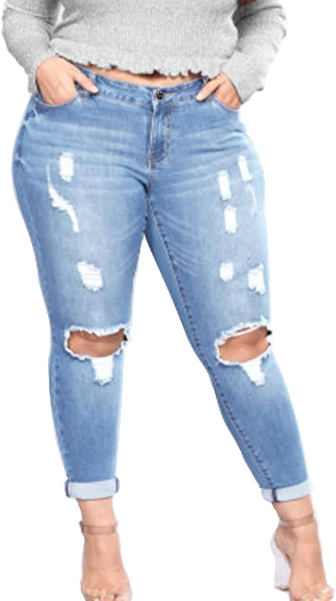 Tulucky Women's Plus Size Boyfriend Jeans Distressed Ripped Denim Pants Comfy Stretch Skinny Jean... | Amazon (US)