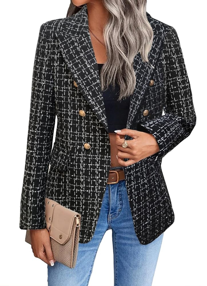 Mina Self 2025 Winter Women's Tweed Plaid Blazer Jacket - Warm Fully Lined Fashion Business Casua... | Amazon (US)