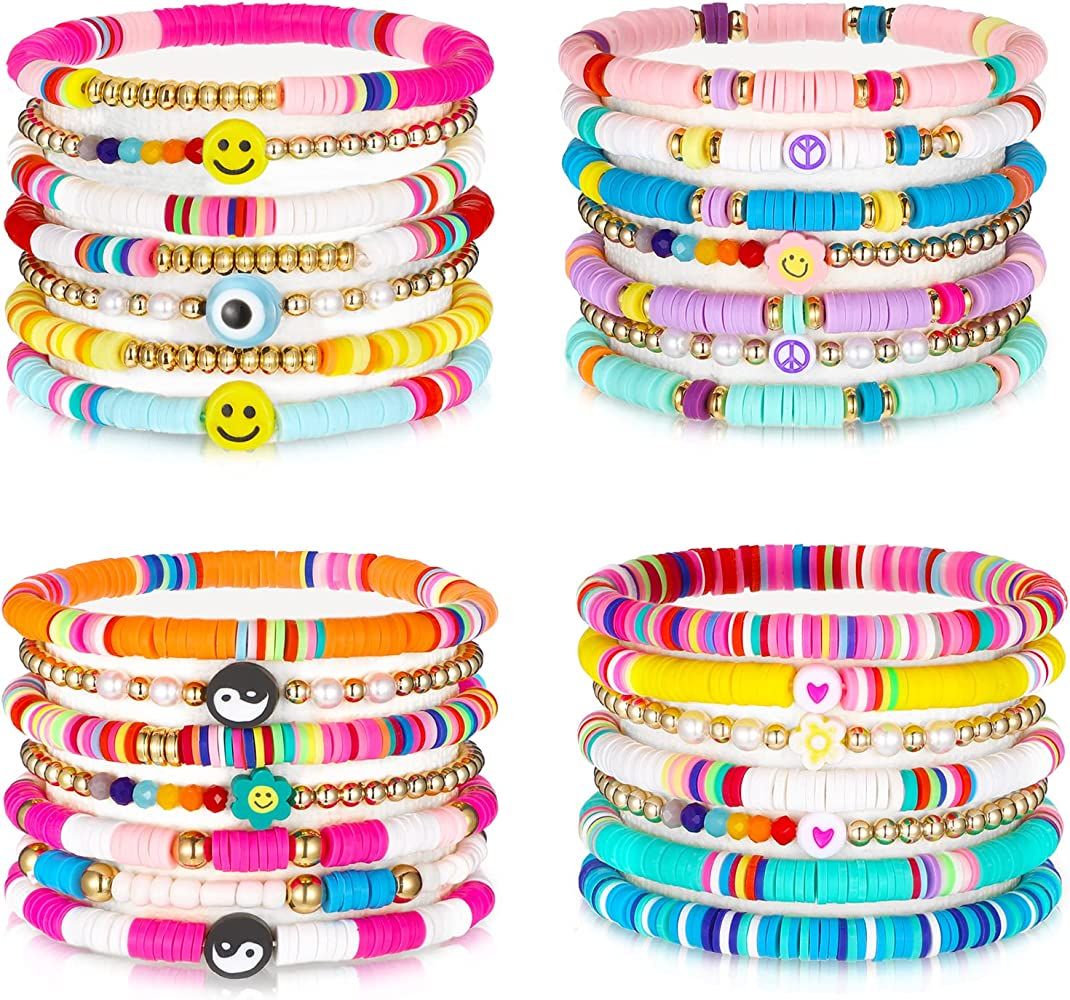 28 Pcs 4 Set Heishi Surfer Bracelets Set Colorful Preppy Happy Smile Evil Eye Beaded Stretch Bracele | Amazon (US)