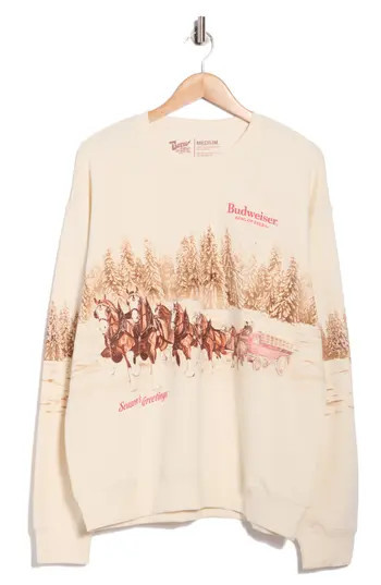Goodie Two Sleeves Budweiser Season's Greetings Fleece Sweatshirt in Antique White at Nordstrom Rack, Size Small | Nordstrom Rack