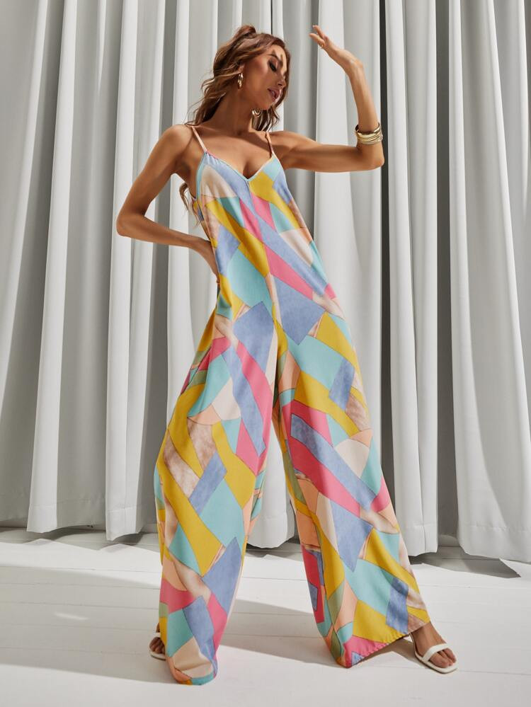 LUUKSE Backless All Over Print Wide Leg Cami Jumpsuit | SHEIN