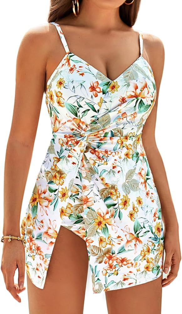 GRACE KARIN Women's One Piece Swim Dress V Neck Tummy Control Swimsuit Vacation Beachwear Bathing... | Amazon (US)