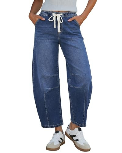 GRAPENT High Rise Jeans for Women Western Outfit Cute Barrel Leg Pants Country Concert Outfits Waisted Women's Wide Cropped Barrel Jeans, Classic Blue, L, US Size 12 to 14 | Amazon (US)