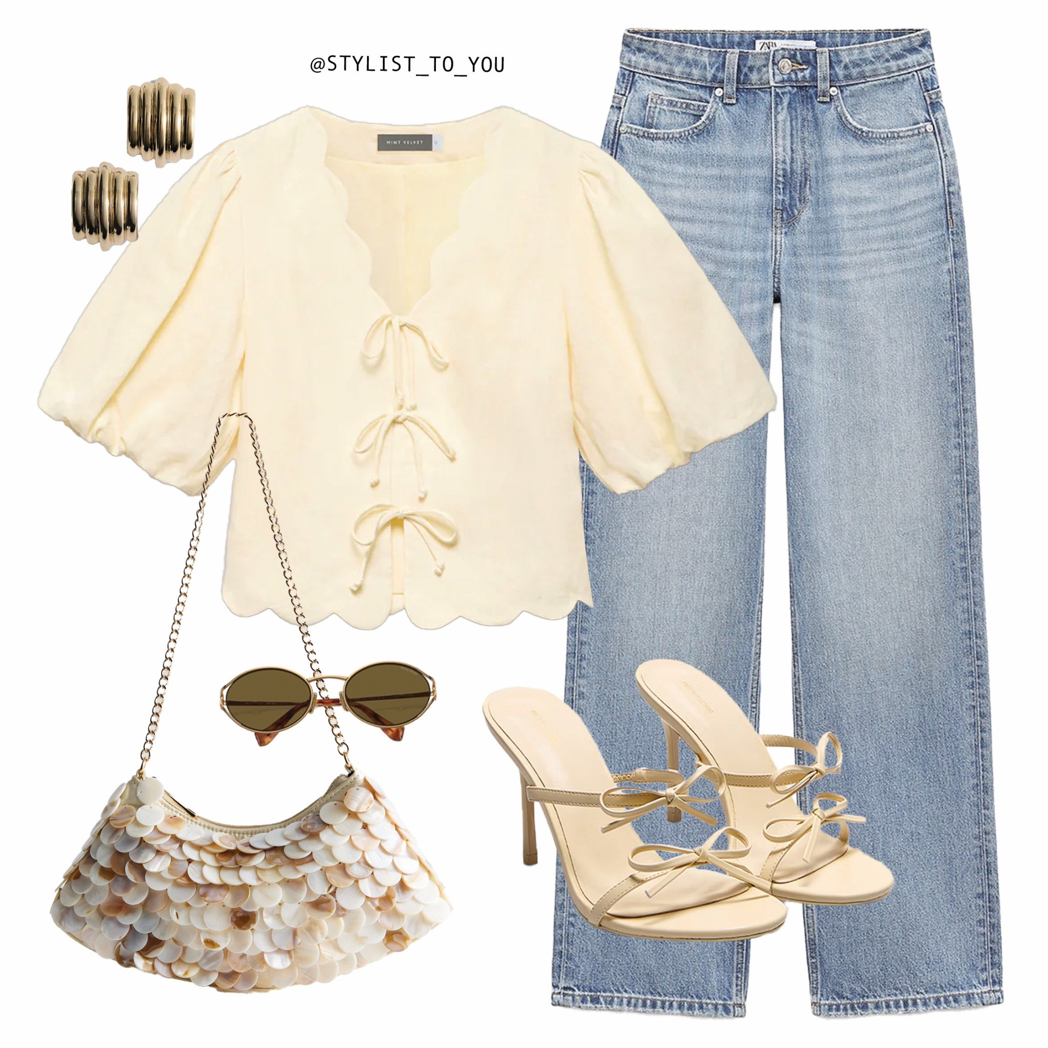 Soft glam 💛

Flat lay of a soft, feminine outfit featuring a scalloped lemon yellow blouse with puff sleeves front bow tie details, light-wash high-waisted jeans, strappy lemon heels, a textured cream shell Pearlised shoulder bag with a gold chain, oval sunglasses, and gold statement ripple earrings. Nice tip and jeans, scalloped top, puff sleeve top, bow detail blouse, light wash jeans, high-waisted denim, neutral outfit, spring outfit, summer look, casual chic, soft glam, minimalist outfit, brunch outfit, feminine fashion, outfit inspo, date night look, nude heels, strappy sandals, trendy handbag, shell bag, gold jewelry, statement earrings, everyday outfit, fashion flat lay, girly style, weekend outfit, outfit ideas, day to night look, spring fashion, cream tones, polished look, summer essentials, feminine vibes, capsule wardrobe, stylish basics, light denim, modern romantic style, aesthetic outfit, outfit styling, soft neutral palette, bow details, ootd, 

#LTKspring #LTKAprilSpotlight #LTKpartywear