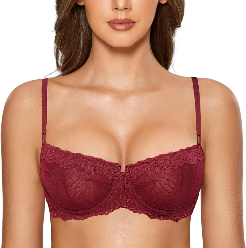 DOBREVA Women's Sexy Lace Bra Underwire Balconette Unlined Demi Sheer Plus Size | Amazon (US)